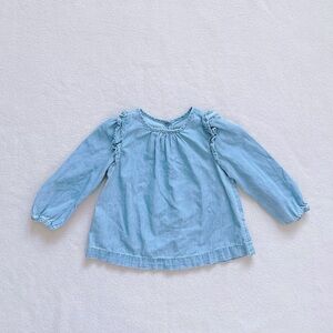 5/$18 Gap Girls Light Blue Chambray Ruffle Long Sleeve Blouse Cotton Swing 2T